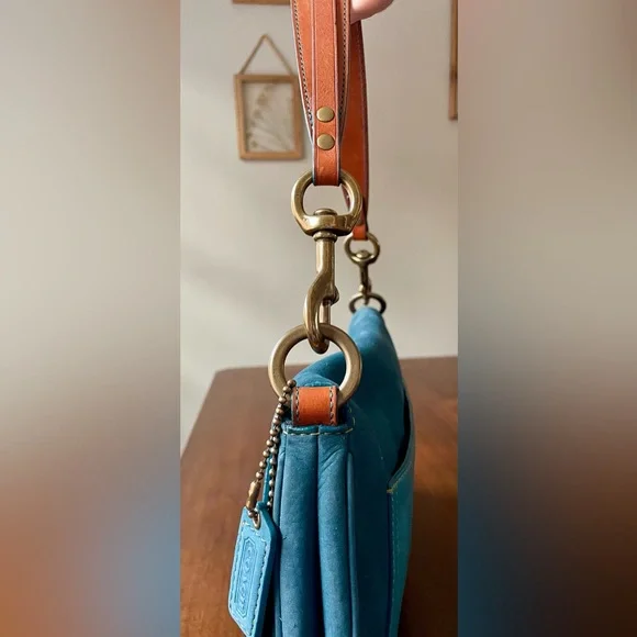 Vintage Coach Chelsea Teal Nubuc Nubuck Flap Hobo - Picture 11 of 12